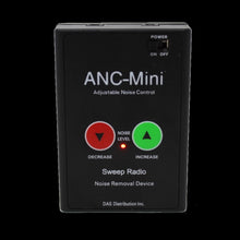 ANC-Mini noise control device with two control buttons for decreasing and increasing noise level, in black color.