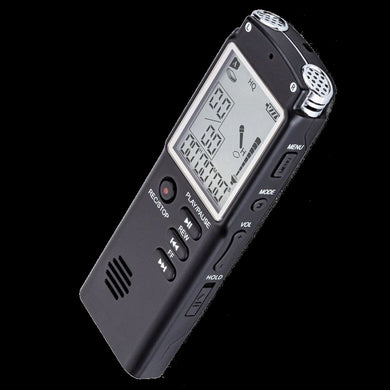 A black digital voice recorder with dual microphones and a digital display.