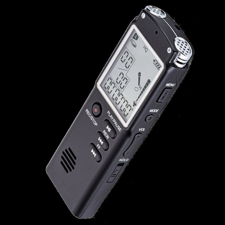 A black digital voice recorder with dual microphones and a digital display.