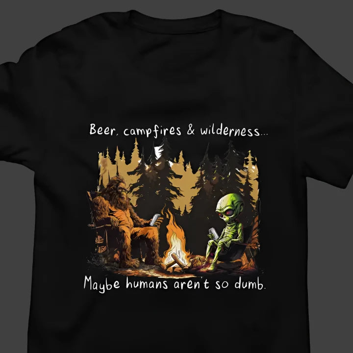 Bigfoot & Alien Campfire T-Shirt - Humans Aren't So Dumb